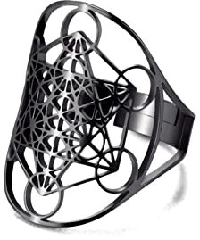 Amaxer Edelstahl Metatrons Cube Ring für Frauen Erzengel Metatron Schutzerklärung Ausgehöhlt Damen Band Ring Schmuck für Dame (Schwarz)