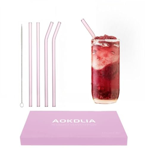 Aokdlia Cannucce di vetro riutilizzabili: cannucce di vetro rosa, spesse per caffè, 20,3 cm, 4 pezzi