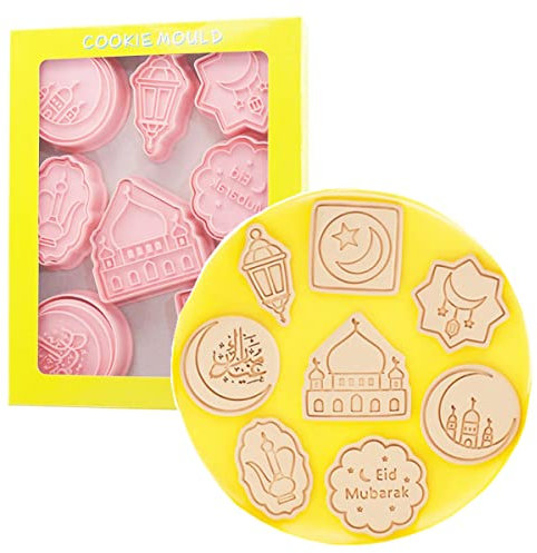 8 Stück Eid Mubarak Ausstechformen zum Backen Keksausstecher Stempel Keksform Presse Niedliche Keksform Set Küchenwerkzeuge Kunststoff Keksstempel (Eid Mubarak) Rosa