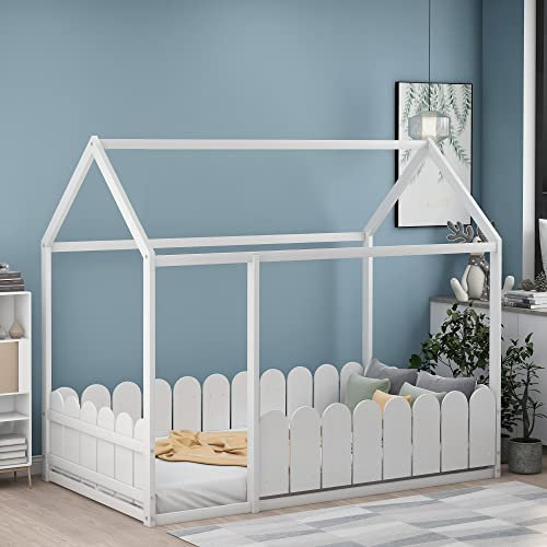 Kinderbett Holzhaus Bett Bodenbett Bettgestell 80x160 Hausbett Massivholz Kinder Bett Baumhausbett Bettenhaus aus Holz Spielbett Holz (Weiß)