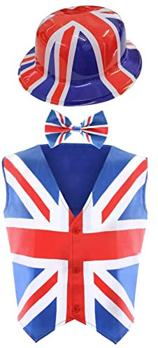 Erwachsenenkostüm Union Jack, Größe XXXL, Weste mit Union Jack, Fliege und Union Jack-Mütze, Königskostüm, V-Tag, Commonwealth