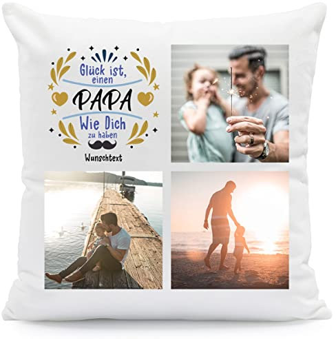 GRAVURZEILE Bedrucktes Kissen Mit Motiv - Glück Ist Einen Papa Wie Dich Zu Haben - Personalisiert Mit Eigenem Foto & Text - Geschenk Zum Vatertag - Farbe: Papa - Größe: Mit Füllung