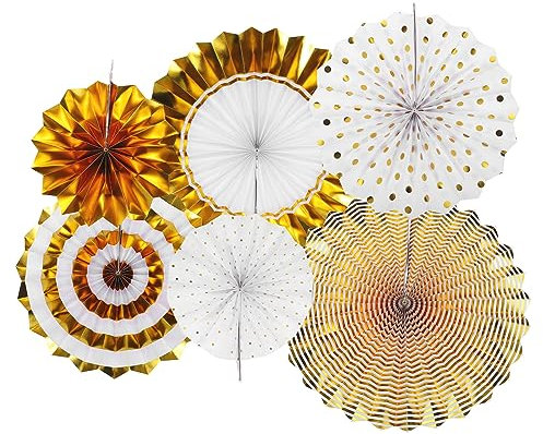 sourcing map Hanging Paper Fans Party Set 6Pcs Round Pattern Hanging Paper Fans Decoration for Home Shop Wall Birthday Wedding Graduation Events(Gold White)