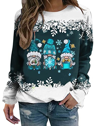 Weihnachtspullover Damen Langarmshirt- Pullover Weihnachten Damen Sweatshirt-Weihnachtsshirt Damen Langarm mit Weihnachtsmotiv Wichtel Schneemann Locker Weihnachts Tshirt für Frauen Teenager Mädchen