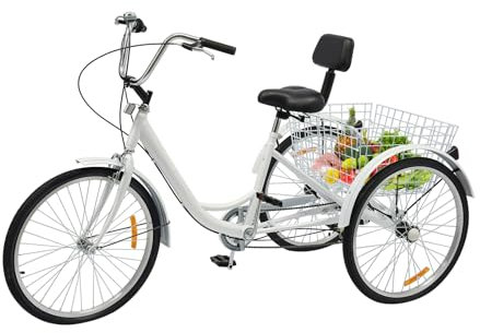 LUNICASHA Dreirad für Erwachsene 24 Zoll Erwachsene Dreirad 6 Gang Dreiräder Senioren Fahrrad mit Einkaufskorb und Rückenlehne Dreirad für Senioren Erwachsene Frauen Höhenverstellbar Weiß