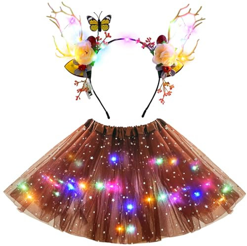Tacobear Leuchtende REH Kostüm Kinder Mädchen LED Tutu Rock mit Rentier Haarreif Elch Rentier Kostüm Weihnachtskostüm Halloween Karneval Fasching Cosplay Verkleidung