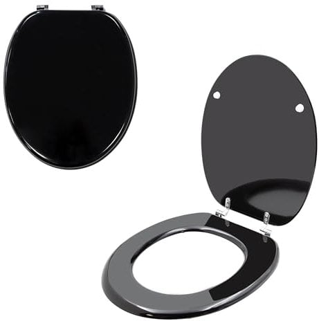 Anika 92559 Black Gloss Toilet Seat/Chrome Hinges/Easy Installation / 43cm x 37.5cm
