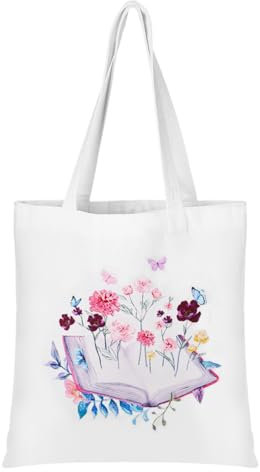 Oyachic Blumen Canvas Tragetasche Damen,Buch Canvas Tote Bag Stofftasche Aesthetic Handtasche mit Innentasche & Reißverschluss Einkaufstasche Umhängetasche für Reise Einkaufen