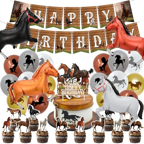 Pferde Geburtstagsdeko Set, Pferde Deko Kindergeburtstag Luftballons(EnthäLt Folienballon Pferd)+Tortendeko Pferd+Geburtstagsbanner-FüR Jungen Und MäDchen