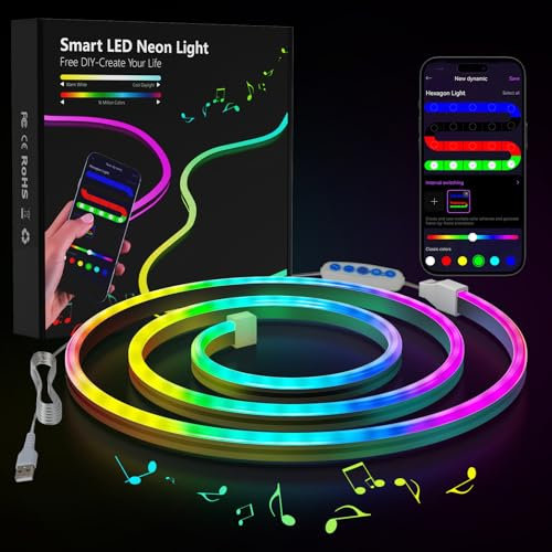 Neon LED Strip RGB Neon LED Streifen mit App-Steuerung DIY-Lichteffekte Musik Sync Neons Lichtband für Wohnzimmer, Schlafzimmer, Wand Deko (1m)