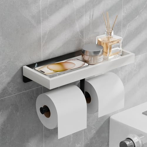 Toilet Roll Holder Wall Mounted - SWTYMIKI No Drill Adhesive Dual-Roll Toilet Paper Holder with Wood Shelf for Storage, Rustproof Tissue Loo Roll Dispenser Holder for Bathroom and Kitchen, White