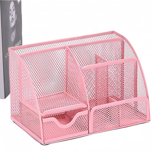 NBBENG Mesh Desk Organiser, Minimalist Pink Desktop Organiser with 6 Compartments