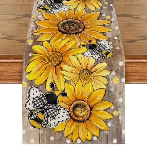 Artoid Mode Planken Sonnenblumen Bienen Frühling Tischläufer, Saisonnal Sommer Küche Tisch Dekoration Drinnen Urlaub Party Dekor 40x140 cm