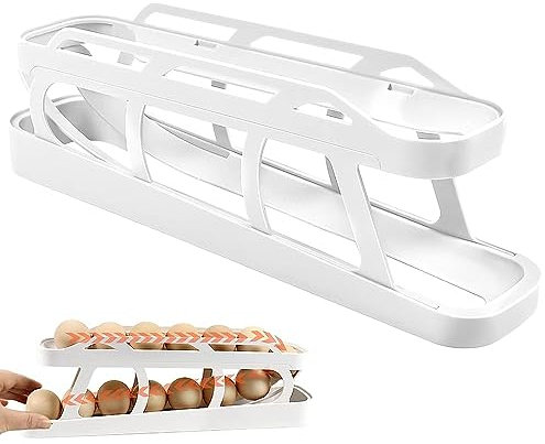 2-Tier Automatic Rolling Egg Dispenser, Space Saving Egg Holder BPA-Free Plastic Storage Box egg Fridge Organizer Tray Container for Kitchen Refrigerator Table, Holds 14 Medium Eggs (White)