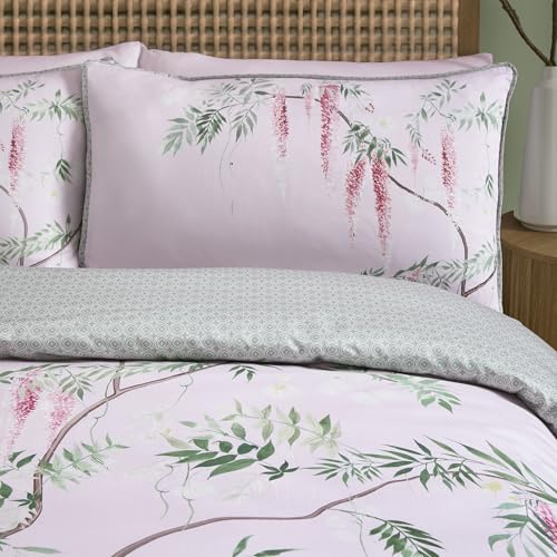 SOIREE Luxuriöser rosa Glyzinien-Bettbezug, Super-King-Size-Bett (260 x 220 cm), weicher 100% Baumwollsatin, Fadenzahl 200, 2 x Kissenbezüge, wendbar (2 Designs), paspelierter Rand, rosa Bettwäsche