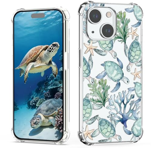 XIMIZU Clear for iPhone 15 Case Turtles,Sea Design Girls Four Corner Reinforced Anti-shock Bumper Protector Cover Case Women for iPhone 15 Turtle Green