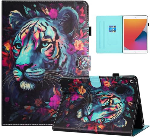 Auslbin Coloré en PU de Coque iPad 10.2 9/8/7 Gen 2021/2020/2019 Pouces, Coloré et Joli Motif, Étui à Rabat pour Tablette iPad 10.2/A2603 avec Support adapté Aux Films, Tigre