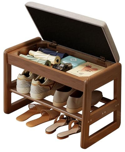 AQIMUELE Shoe Bench with Storage, Wooden 2 Tiers with Flip-Top,Walnut,23.6