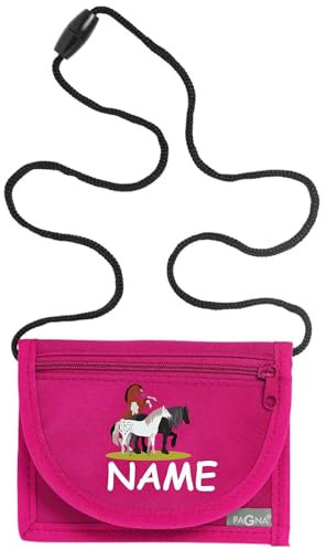 Kiwistar - Brustbeutel pink - DREI Pferde - 13 x 10 cm Geldbeutel zum umhängen - Geldbörse für Jungen & Mädchen mit Namen individuell personalisiert