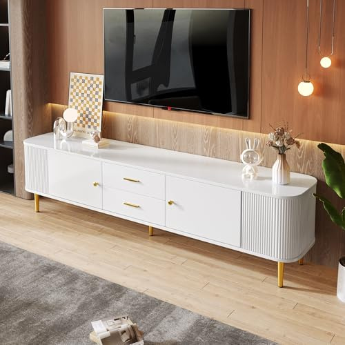 SUKY Mueble de TV con cajones, esquinas curvadas, armario de TV con lados ondulados, asas doradas y patas, 170 x 34 x 45 cm