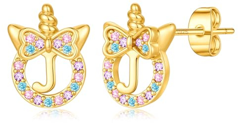 TINGN Einhorn Ohrringe für Mädchen Geschenke - Hypoallergene Silber 925 Bunte Regenbogen Zirkonia Ohrstecker mit Buchstaben Gold Ohrringe Kinder Schmuck Einhorn Geschenk für Mädchen 5-12 Jahre