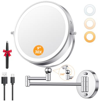 Auxmir 23cm Specchio Trucco con Luci Ingranditore 30X/1X da Parete, Argento | Altezza Regolabile, Estensibile, Rotazione a 360°, 54 LED, 3 Colori, 5000mAh Batteria, Ricaricabile, per Bagno Hotel Spa