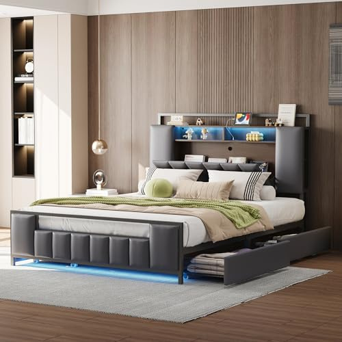 Polsterbett 160 * 200 cm, Multifunktionsbett mit LED-Licht, mit USB-Steckdose, mit Schubladen, Bettgestell aus massivem Eisen, Jugendbett, Erwachsenenbett, Doppelbett, Kunstleder (Grau)