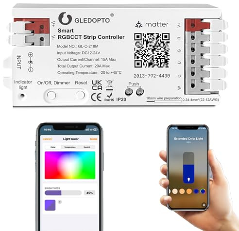 GLEDOPTO Matter RGBCCT LED Controller 20A max für PWM Analog LED Lichtstreifen APP Sprachsteuerung RGBW RGB Dimmbar Kompatibel mit Homekit Google Echo Alexa (Matter-218M)