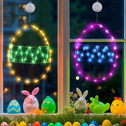 Osterdeko Led Fensterdeko Licht 2 Stück Ostern Deko Fenster Beleuchtung mit Saugnäpfe und Timer, Ostereier Fensterbeleuchtung Innen, Metall Farbige Ei Lampe, Batterieantrieb (C)