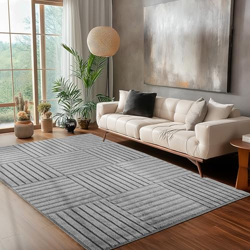Carpettex Teppich 120x170 cm Grau Hochflor Shaggy Boho Karo