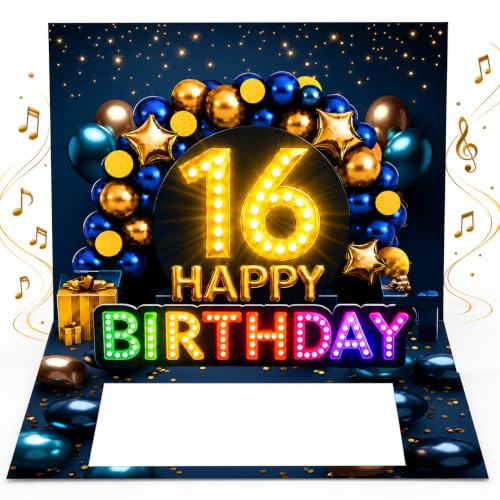 Joli Coon Geburtstagskarte 16 mit Musik und Licht, 20 × 15 cm | Pop-up-Mechanismus, Fächer für Geldscheine, Goldveredelung, passendes Kuvert, Siegelsticker, zum 16. Geburtstag