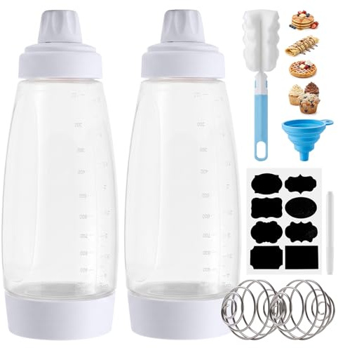 Pancake Batter Mixer Bottle, Happybase 2 Pack 1000ML 33oz Hand Batter Dispenser with Stainless Steel Stirring Ball for Cupcake Crepe Batter