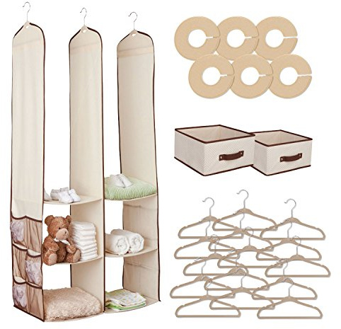 24pc Childrens Kids Baby Nursery Closet Drawer Organiser Hanging Wardrobe Storage Solution Shelf Clothes Hangers - Keeps Bedroom, Nursery & Closet Clean (Beige)