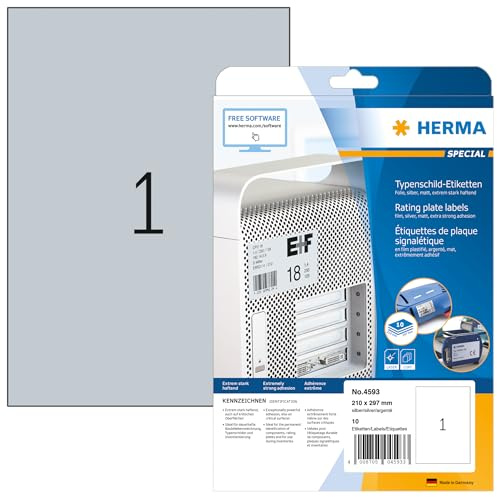 HERMA 4593 Typenschild Folien-Etiketten silber, 10 Blatt, 210 x 297 mm, 1 pro A4 Bogen, 10 Stück, selbstklebend, bedruckbar, wetterfest, blanko Klebeetiketten Aufkleber aus Folie