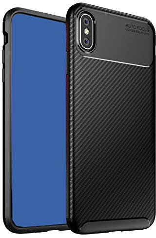 ZSCHAO Cover per iPhone XS Fibra di Carbonio Silicone Slim Sottile Antiurto +Vetro temperato TPU Custodia Cover Compatibile con iPhone XS Carbon Libro Opaco Matte Case Bumper Nero