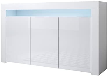 MB Muebles Bonitos, Buffet Aker avec Lumière LED et 3 Portes pour Salon et Salle à Manger, Meuble TV en Mélamine Brillante, Couleur Blanc, 155x91,5x37 cm