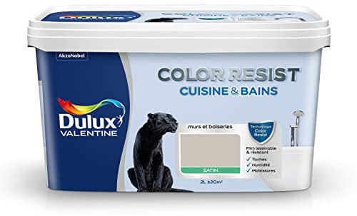Dulux Valentine Color Resist - Peinture Intérieure Pièces Humides - Pour Murs, Plafonds, Boiseries - Lessivable et Résistante - Couleur : Grain de Sable Satin - 2 L - 5261974