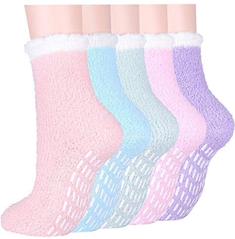 Fluffy Slipper Socks for Women and Girls, 5 Pairs Warm Cosy Bed Fuzzy Socks with Grips, Winter Thermal Non Slip Grip Socks for Causal Home Sleeping