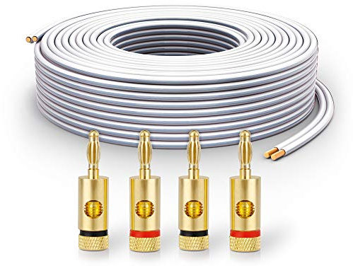 PureLink Cable de Altavoz SP061-010 2x2,5 mm² (99,9% OFC de Cobre Completo, Cable Trenzado de 0,20 mm) Cable de Altavoz de Alta fidelidad, 10 m, Blanco, Juego Que Incluye 4 enchufes Banana
