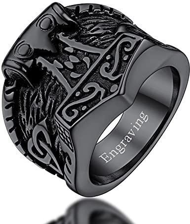 FaithHeart personalisierter Herren Siegelring Retro Viking Thors Hammer Fingerring Schwarz Mjölnir Ring Jungen Partnerring Freundschaftsring für Valentinstag Weihnachten