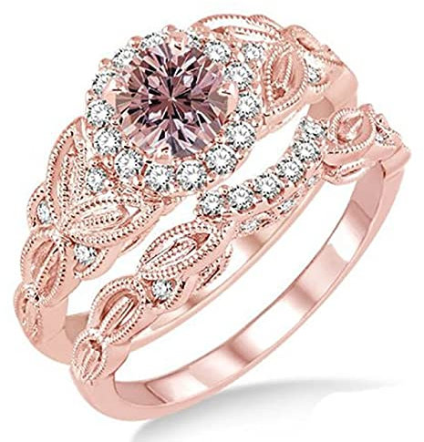 DJMJHG S925 Sterling Silber Ring mit 4mm runde Form Rosenquarz Edelstein Roségold Farbe Silber Schmuck für Frauen Geschenk 6 Roségold Farbe
