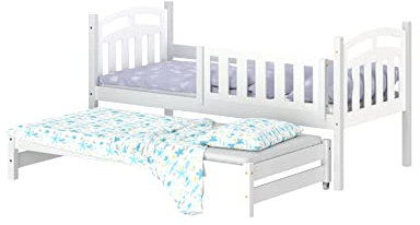 WNM Group Kinderbett Ausziehbar Suzie - aus Massivholz - Ausziehbett für Mädchen und Jungen - Hohe Qualität Bett mit Rausfallschutz für Kinder Weiß - 200x90 / 190x90 cm