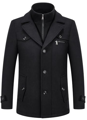 KUDORO Cappotto da Uomo in Lana Corto Invernale Casual e Business Regular Fit Spesso in misto Lana con Colletto Interno Rimovibile(Nero,XL)