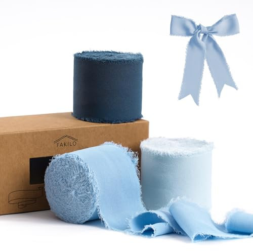 FAKILO Handgemachtes Fransen Chiffonband, 3 Rollen 4,5cm X 21m Gemischtes Fransenband Set, Chiffon-Seidenband für Hochzeitseinladungen Geschenkverpackungen Dekoband (Blaues Band-Set)