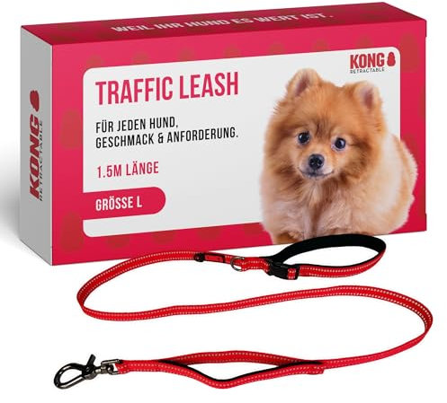 KONG Hundeleine in 1,5m Länge I Für große Hunde bis 50kg I Größe L I verkehrssichere Leine Hund in rot I Führleine reflektierend mit 2 gepolsterten Handschlaufen & robusten Karabinerhaken