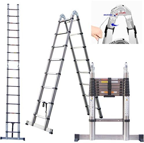 Scala telescopica pieghevole 5 m, scala di estensione a 16 gradini con telaio ad A, scaletta telescopica multiuso con stabilizzatore, scala a soppalco estensibile per giardino loft ufficio
