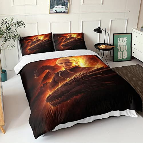 Game of THRONES Bettbezug 3D Mother of DRAGONS Bettbezüge Bettwäsche Set 2 Teilig Mikrofaser Bettbezug Mit Reißverschluss Und Kissenbezug Für Kinder Mädchen Jungen Dettdeckenbezug Single（135x200cm）