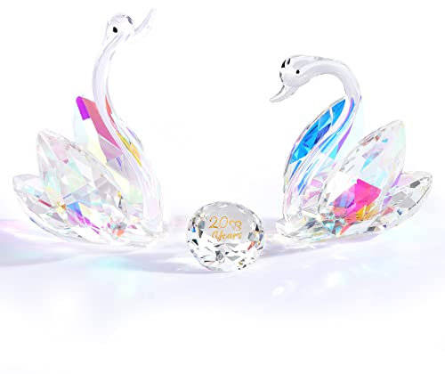 Set of 2 Crystal Clear Swans 20th wedding Anniversary Romantic Gifts for Wife Her, Glass Animal Collectibles Keepsakes Engraved 20 Years of Marriage Presents for Couple Unique Ornament for Home
