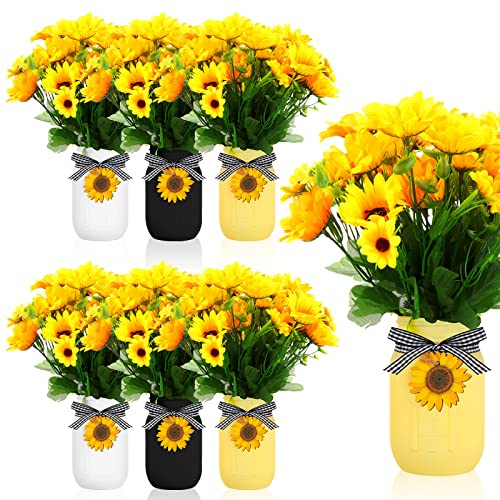 Lyrow 6 Pack Mason Jar Table Centerpiece Faux Christmas Berry Sunflower Lemon and Bell Kitchen Spring Summer Winter Farmhouse Decoration for Home Kitchen Tiered Tray Decoration(Sunflower Style)