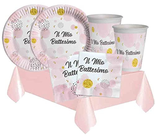 irpot kit n.3 per 40 persone battesimo rosa bambina decorazioni piatti carta piatti dessert bicchieri tovaglioli chic rosa tenue party festa battezzo bimba pastello